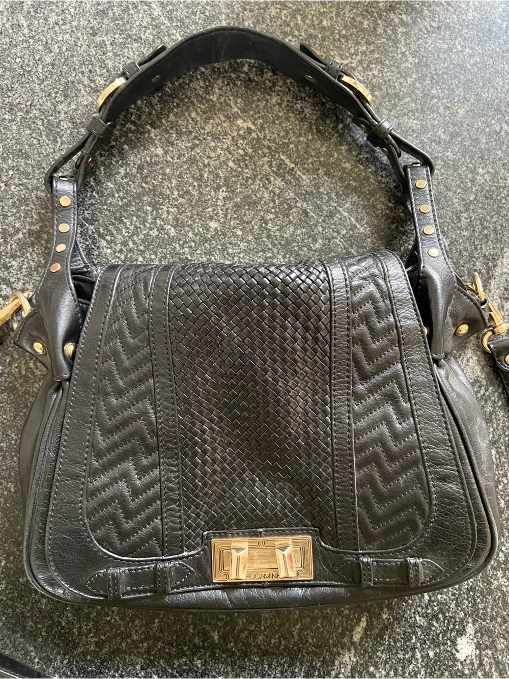 Rebecca Minkoff Black Woven-Chevron Shoulder Bag with Gold Hardware